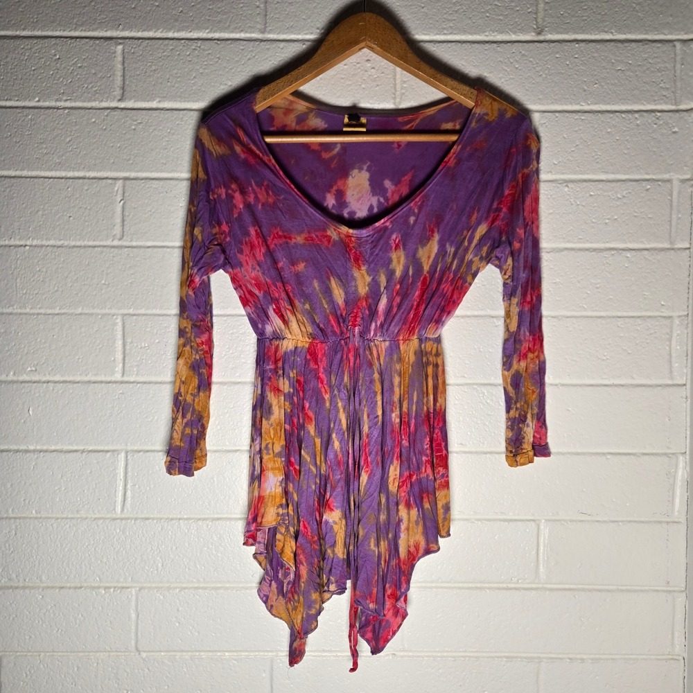 Vtg Karma Circle Womens Tunic Top Multicolor Tie Dye L/XL Peplum Sharkbite Hem